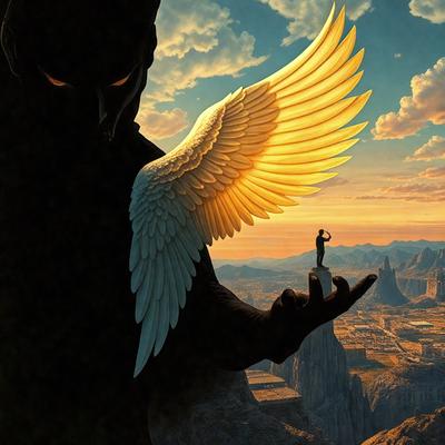 The primary subject of the image is a large, winged creature, possibly a demon or a mythical creature, with a human figure standing on its hand. The setting is a mountainous landscape, with a sky visible in the background. The visual style appears to be a combination of photo and digital art, creating a surreal and dramatic atmosphere. The dominant colors are dark and earthy tones, with the winged creature being predominantly black and the human figure standing on its hand being in contrasting colors.
